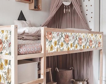 Décalcomanie de lit IKEA Kura avec fleurs vintage colorées, décalcomanie pour filles, stickers pour lits superposés Ikea, enveloppement bohème pour lit kura, peel & stick, décalcomanie amovible