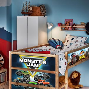 IKEA Kura Bed Decal Cartoon Hot Trucks, Nursery Ikea Decal for Boys, Cars, Wheels Themed Ikea bunk bed, Wrap for kura bed, Removable Sticker