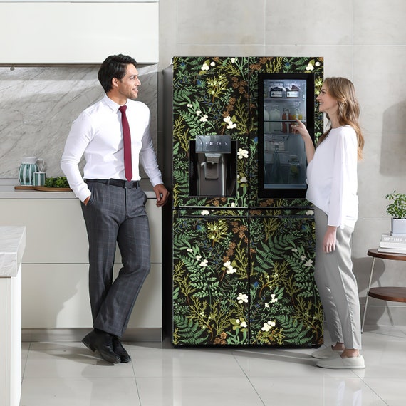 Dark Botanical Fridge Wrap, Green Plants Door Mural, Retro