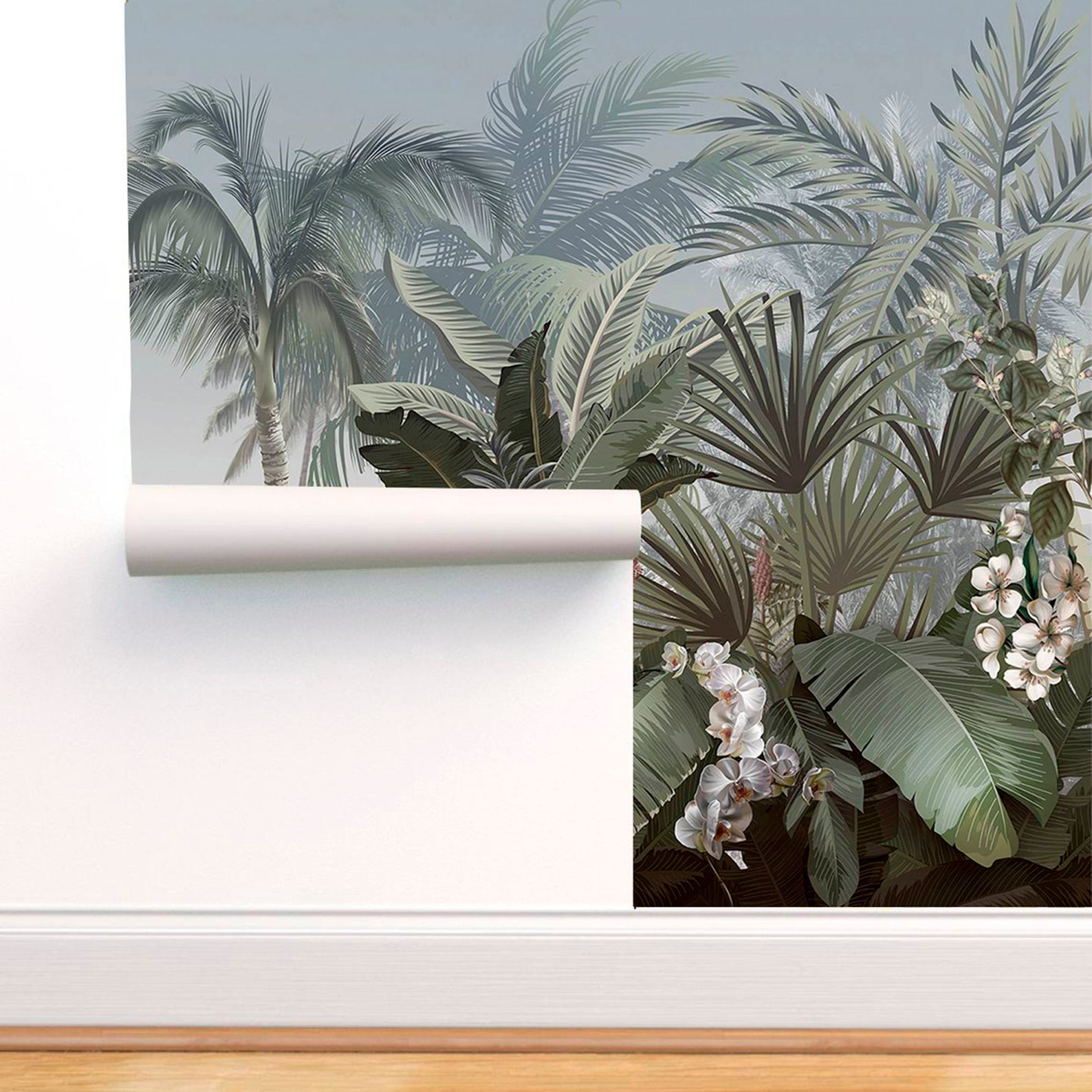 Jungle Wallpaper Vintage Wall Art Tree and Flowers Dark Etsy