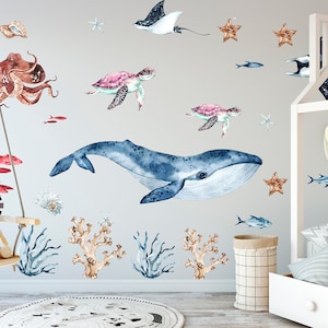 Watercolour Fish Wall Decal Whales and Turtles Decor for Nursery Jellyfish and Corals Nusery Decor Marine Theme