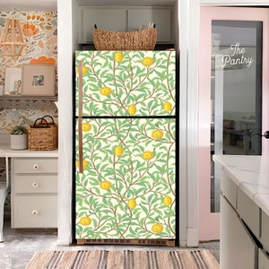 Retro Citrus Refrigerator Wrap, Vintage Botanical Fridge Wrap, Lemons Fridge Vinyl Decal Side bySide, William Morris Refrigerator Skin Mural