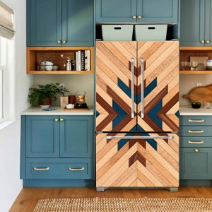 Vintage kleurrijke houten textuur koelkastomslag, roestige geometrische koelkaststicker, vinyl sticker zij aan zij, decoratieve minikoelkaststicker