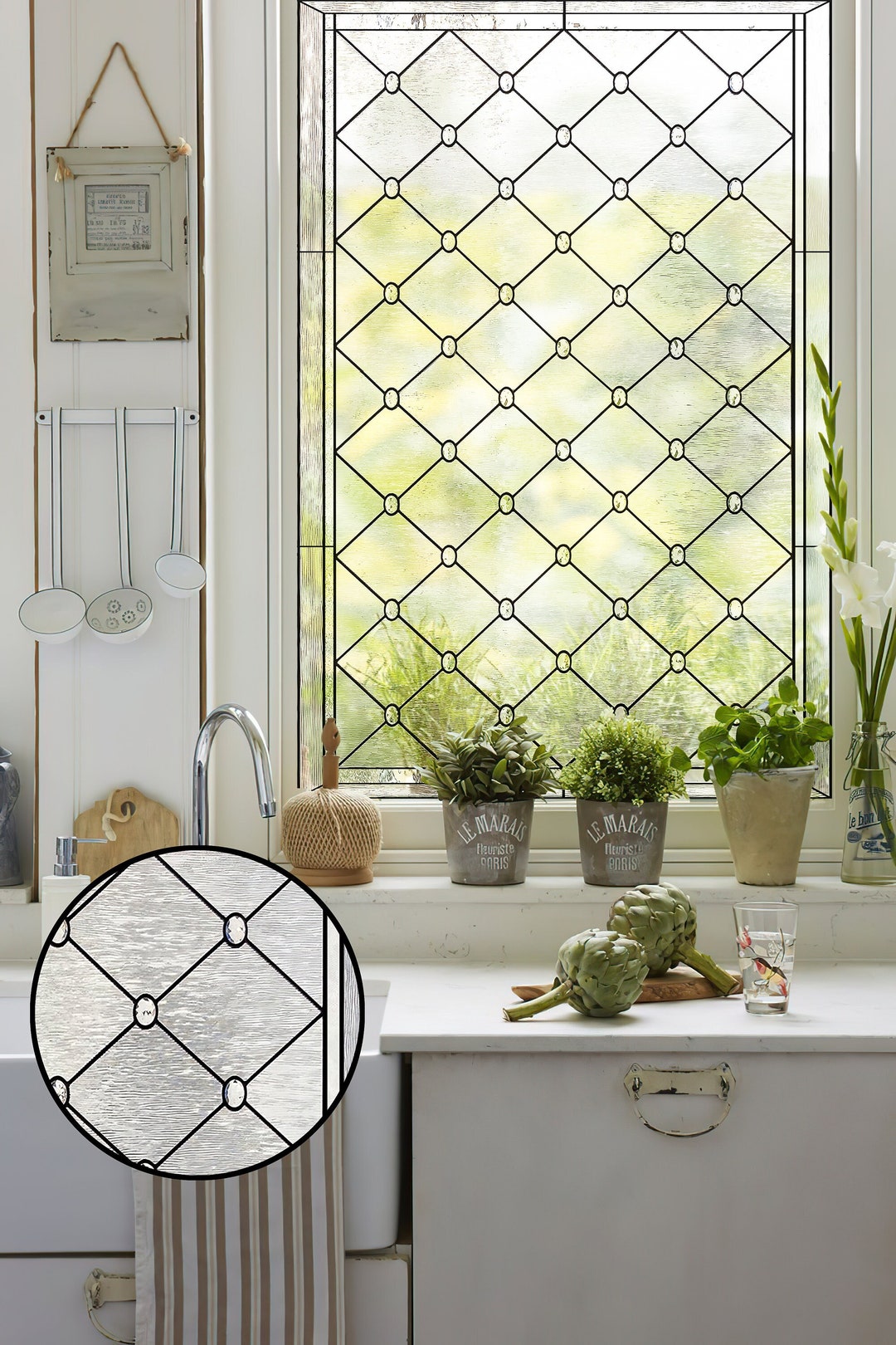 Geometry Stained Glass Window Film, CLEAR GLASS, Privacy Beveled