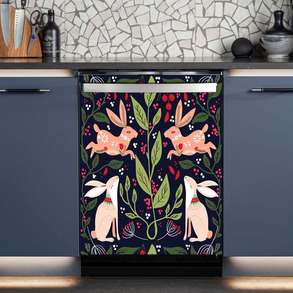 Décalcomanie pour lave-vaisselle lapin et plantes, décalcomanie en vinyle pour porte de style folk rétro, lapin mignon pour lave-vaisselle de cuisine, imperméable, couvercle amovible, décoration d'intérieur