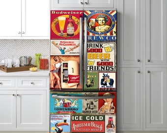 Retro Beer Fridge Wrap Vintage Labels Door Mural, Fridge Sticker Side by Side Retro Style, Refrigerator Skin, Gift Idea, Custom any size