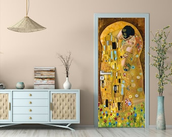 La envoltura de nevera Kiss Klimt, calcomanía de nevera vintage, calcomanía de puerta hecha a mano, envoltura de vinilo de regalo de arte clásico Mural Peel&Stick, personalizado de cualquier tamaño