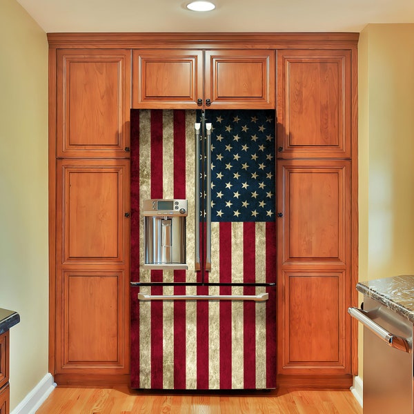 Vintage American Flag Fridge Decal Retro US Flag Decorative Fridge Wrap All Sides Covering Refrigerator Decal Removable Kitchen Decor