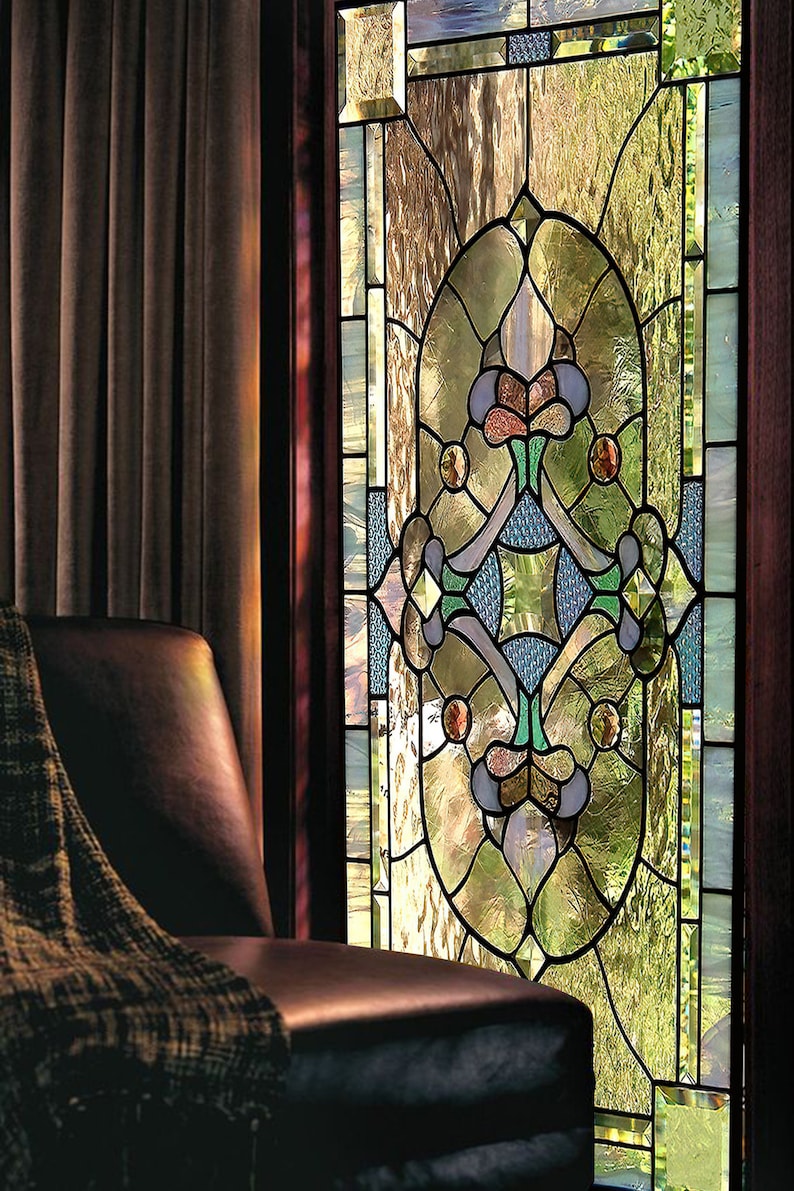 Geometrical Stain Glass Window Covering, Frosted Privacy Static Cling, Abstract Retro Colorful Sticker,Peel & stick , Custom any Size image 4
