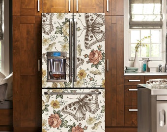 Boho Retro Butterflies and Vintage Floral Fridge Decal, Refrigerator Wrap, Side by Side Sticker, Decorative Fridge Decal, Floral Kitchen Art