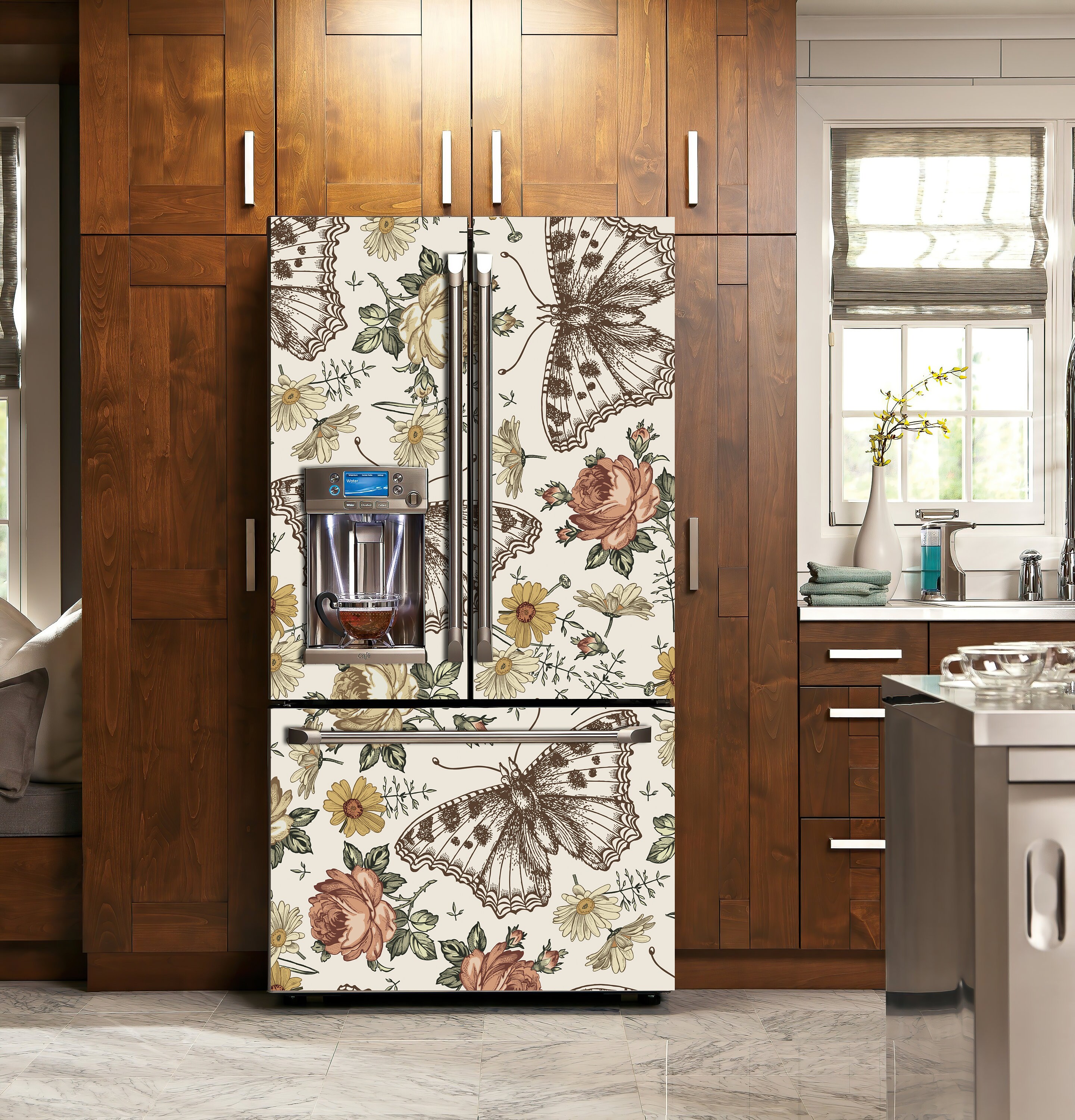Boho Retro Butterflies and Vintage Floral Fridge Decal, Refrigerator Wrap, Side by Side Sticker, Decorative Fridge Decal, Floral Kitchen Art