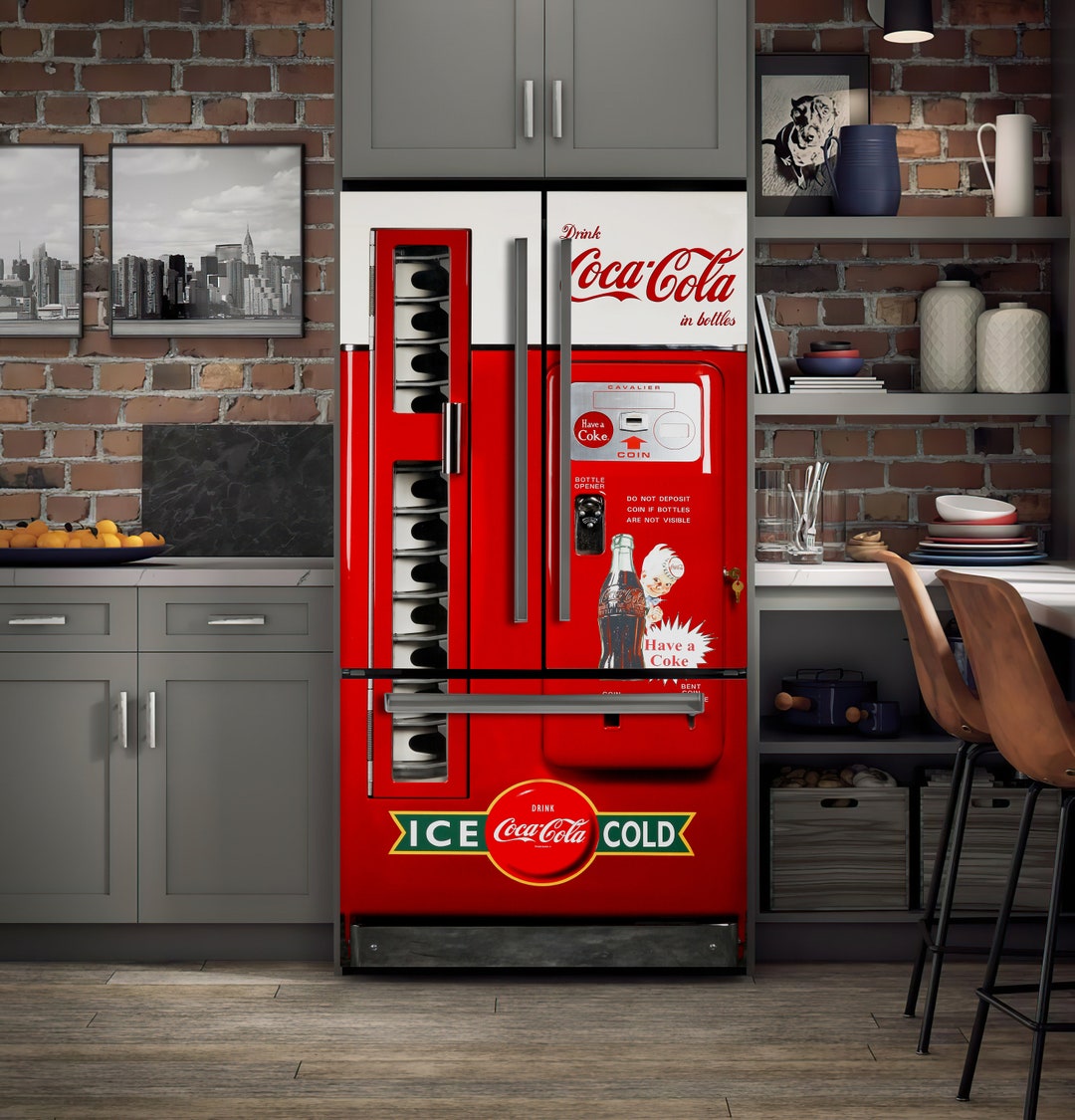Retro Style Soda Vending Machine Fridge Decal, Red Vintage Door Mural, Mens Cave Refrigerator ...