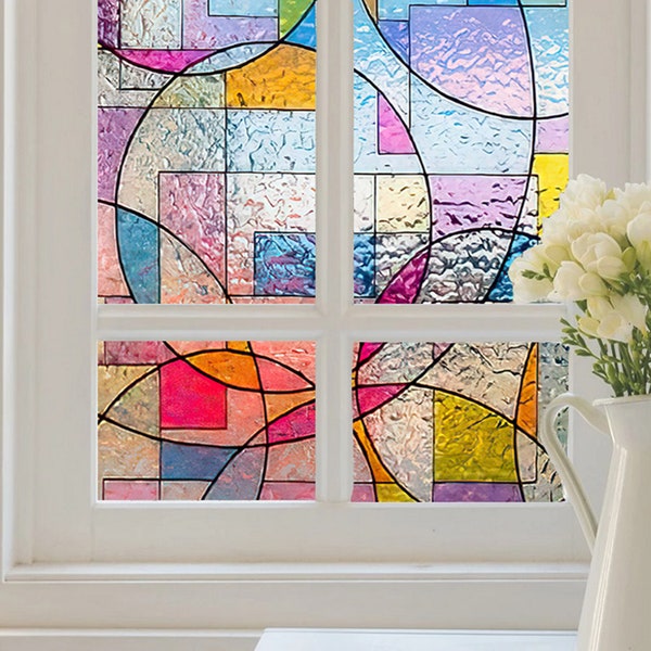 Geometrische Glasmalerei Fensterfolie Bunte Mosaik Fleckglas Selbstklebende Vinyl Sichtschutz Regenbogenfarben Filmaufkleber Wohnkultur