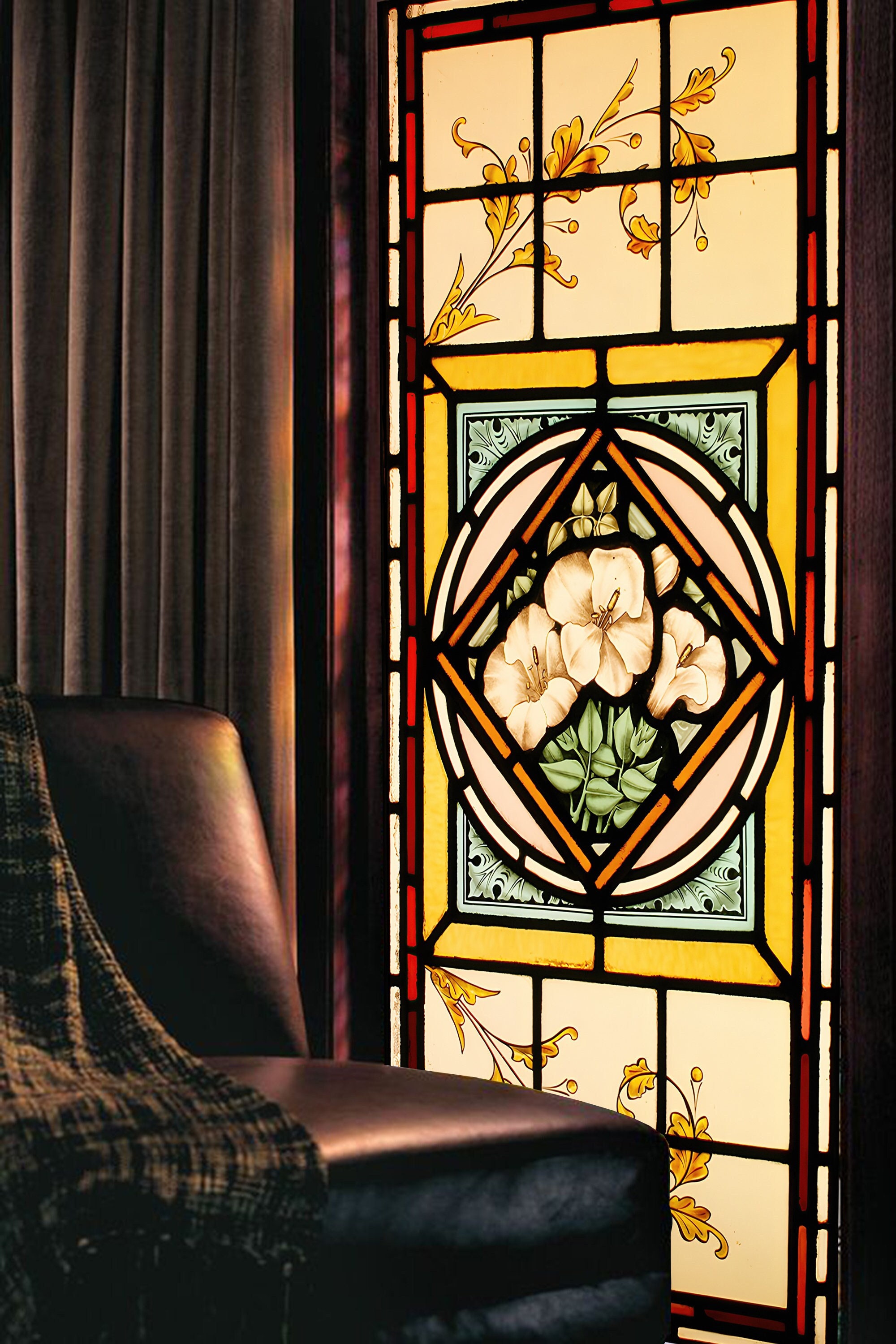 Viktorianische Buntglasfenster Sichtschutzfolie, Antike Blume