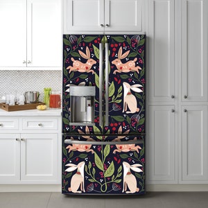 Bunny Fridge Wrap Vintage Door Mural,  Folk Style Fridge Retro, Scandinavian Home Decor, Gift Idea, Custom any size