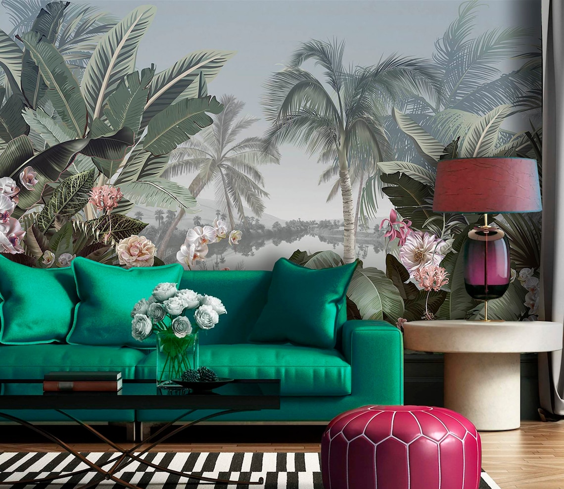 Jungle Wallpaper Vintage Wall Art Tree and Flowers Dark Etsy