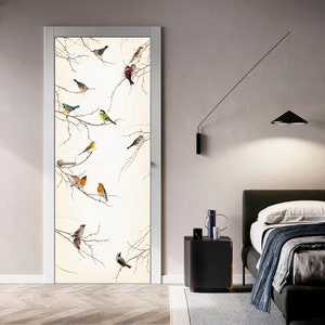 White and Beige Fridge Decal, Asian Birds Wrap, Chinoiserie birds Fridge Decal, Vintage Door Mural, Refrigerator Wrap, Handpainted art