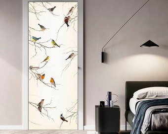 White and Beige Fridge Decal, Asian Birds Wrap, Chinoiserie birds Fridge Decal, Vintage Door Mural, Refrigerator Wrap, Handpainted art