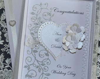 Handmade Luxury Personalised Wedding Day Card. Boxed/unboxed Optional Gift Voucher Envelope