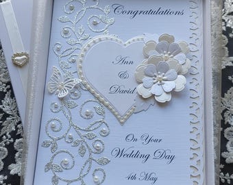 Handmade Luxury Personalised Wedding Day Card. Boxed/unboxed Optional Gift Voucher Envelope