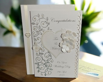 Handmade Luxury Personalised Wedding Day Card. Boxed/unboxed Optional Gift Voucher Envelope