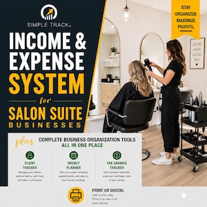 Puede incluir: Anuncio de un sistema de gestión empresarial para negocios de salones de belleza. La imagen muestra a una estilista trabajando en el cabello de una clienta, con texto que destaca funciones como el seguimiento de clientes, la planificación semanal y el ahorro de impuestos.