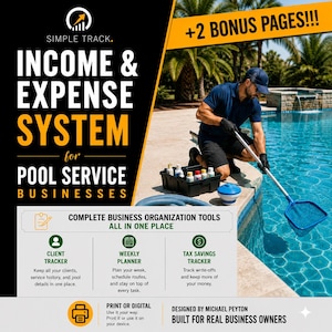 Könnte beinhalten: Ein Einnahmen- und Ausgabensystem für Poolservice-Unternehmen von Simple Track. Die Grafik enthält Text, einen Kunden-Tracker, einen Wochenplaner und einen Steuer-Tracker sowie ein Foto eines Pooltechnikers bei der Poolreinigung.