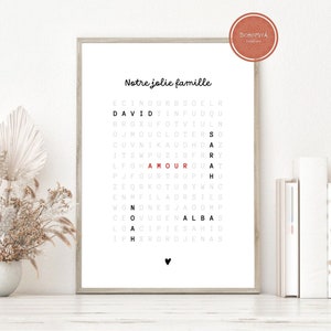 Personalized family poster first names crossword, letters, word search, scrabble, digital or printed A4 format