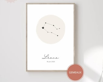 Wall birth poster decoration baby astrological sign, A4 format