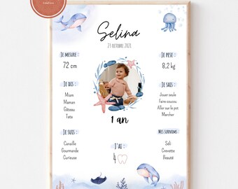 Birthday decoration poster for baby theme Under the Sea, A4 format