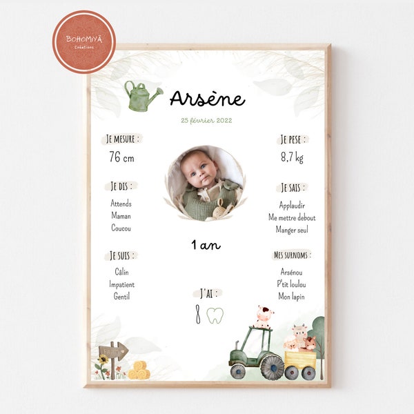 Affiche anniversaire décoration pour bébé thème Happy farm, format A4