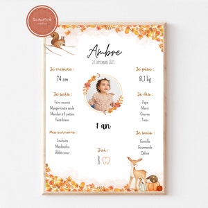 Affiche anniversaire décoration pour bébé thème Automne, format A4