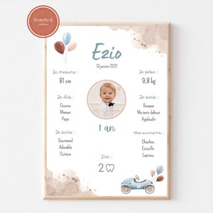 Póster de decoración de cumpleaños con temática de coches antiguos para bebé, formato A4