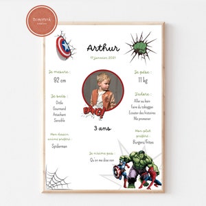 Póster de decoración de cumpleaños para bebé con temática de superhéroes, formato A4
