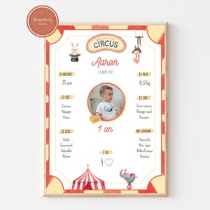 Póster de decoración de cumpleaños de bebé con temática de circo, formato A4