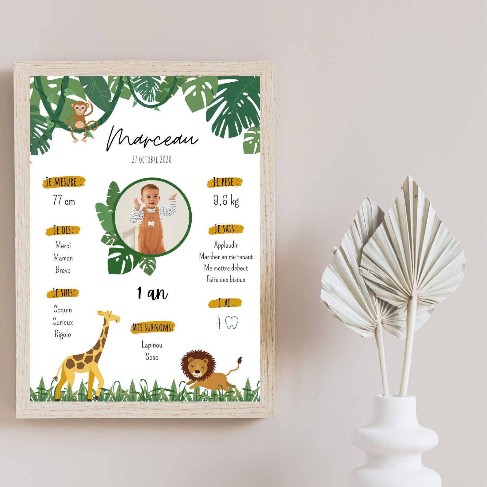 Affiche Anniversaire Décoration Pour Bébé Thème Safari, Format A4