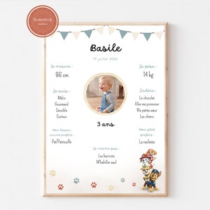 Póster de decoración de cumpleaños para bebé con temática de Patrulla Canina, formato A4