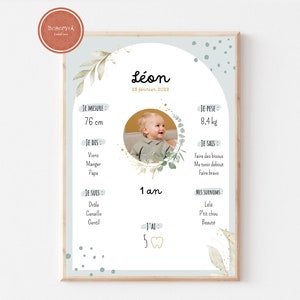 Póster de cumpleaños para bebé niño con temática de arco floral en formato A4