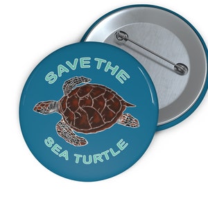 May include: A blue button with the text "Save the Sea Turtle" in white with a teal outline. A brown sea turtle is illustrated in the center of the button.