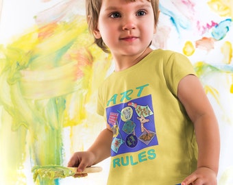 Camiseta para niños pequeños, mensaje ART RULES sobre algodón ecológico