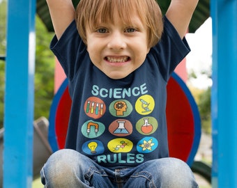 Toddler t-shirt, SCIENCE RULES message, science symbols on eco-friendly cotton