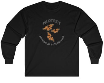 Könnte beinhalten: Schwarzes Langarm-T-Shirt mit einem weißen Kreis-Motiv mit dem Text "PROTECT MONARCH BUTTERFLIES" und drei orangefarbenen Monarchfaltern.