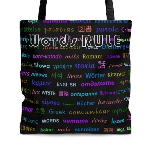 Shoulder tote, typographic design of words, WORDS RULE book bag, reusable, eco-friendly bag