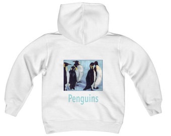 Kids hooded sweatshirt hand-drawn penguins print, heavy blend cotton-polyester fleece