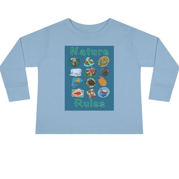 Toddler long-sleeve t-shirt, nature graphics NATURE RULES message on soft cotton fabric