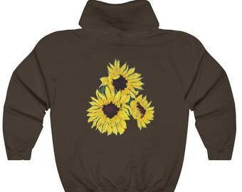 Unisex hooded pullover sweatshirt, hand=drawn sunflower illustration, Cotton Polyester Blend