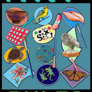 Pu&ograve; includere: Uno sfondo blu con le parole "ART RULES" in lettere verdi. Lo sfondo &egrave; decorato con varie immagini colorate, tra cui un uccello giallo, una conchiglia, una tartaruga, una farfalla, un fiore, una tavolozza di colori, una ciotola e un pennello.