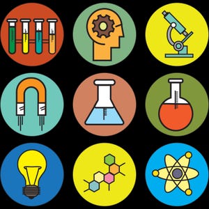 Op de afbeelding: Negen kleurrijke ronde pictogrammen die verschillende wetenschappelijke concepten voorstellen. De pictogrammen omvatten een gloeilamp, een magneet, een bekerglas, een microscoop, een tandwiel in een hoofd, een molecuul, een reageerbuis en een atoom.