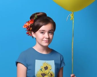 Sunflower Kids Tee: Hand-Drawn Blue Sky Cotton Children's T-Shirt
