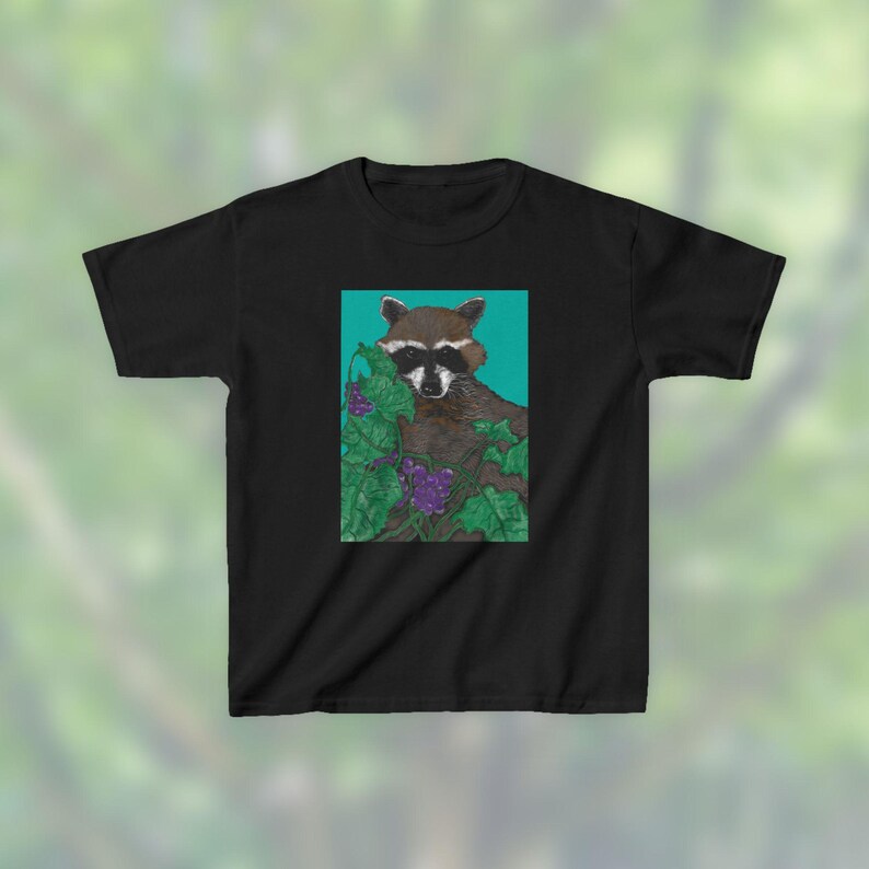 Raccoon Kids Tee: Eco-Friendly Cotton Children's Shirt, Hand-Drawn image 1